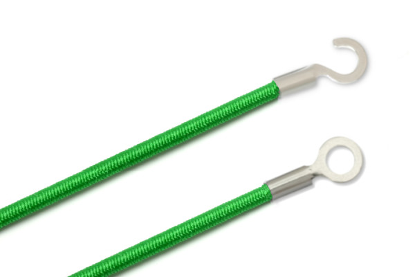 Gummischnüre mit Kabelschuhen, geschlossen und offen, grün