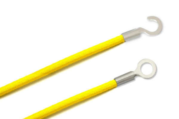 Gummischnüre mit Kabelschuhen, geschlossen und offen, gelb